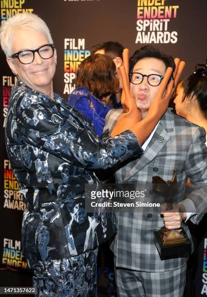 Jamie Lee Curtis and Ke Huy Quan, winners of the Best Feature award for “Everything Everywhere All at Once”, pose in the press room during the 2023...