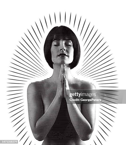 beautiful woman praying with sunbeams - humble stock illustrations