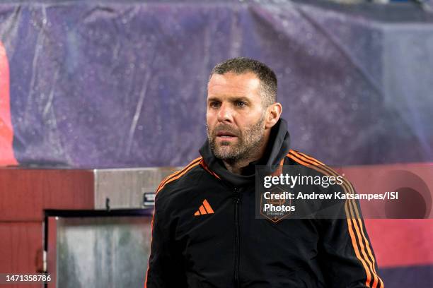 Ben Olsen coach of Houston Dynamo FC before a game between Houston Dynamo and New England Revolution at Gillette Stadium on March 4, 2023 in...