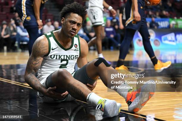 Bobby Harvey of the Portland State Vikings reacts as he sits on the baseline in the second half of a game against the Northern Colorado Bears at...