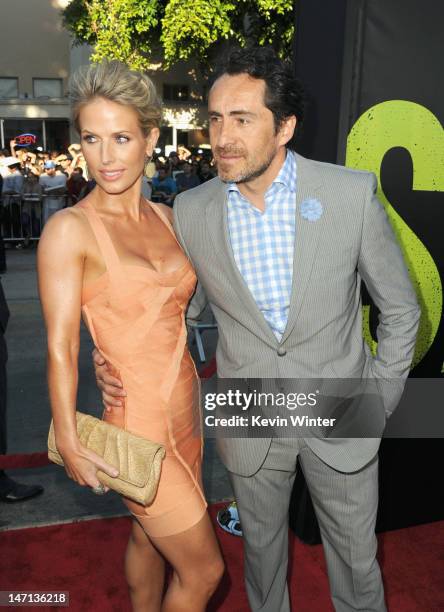 Stefanie Sherk and actor Demian Bichir arrive at Premiere of Universal Pictures' "Savages" at Westwood Village on June 25, 2012 in Los Angeles,...