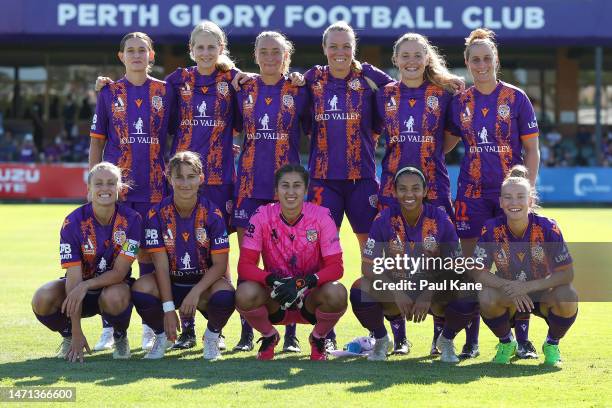 The Glory starting eleven line up for a team photo during the round 16 A-League Women's match between Perth Glory and Western Sydney Wanderers at...