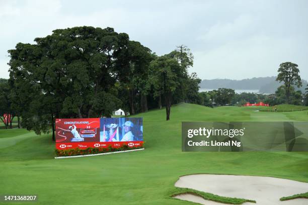 The championship win of Jin Young Ko of South Korea is displayed on a giant screen during Day Four of the HSBC Women's World Championship at Sentosa...