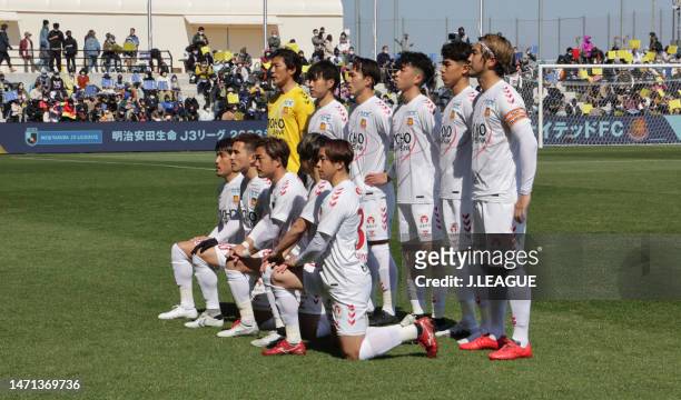 Fukushima United FC players line up for the team photos prior to the J.LEAGUE Meiji Yasuda J3 1st Sec. Match between FC Imabari and Fukushima United...