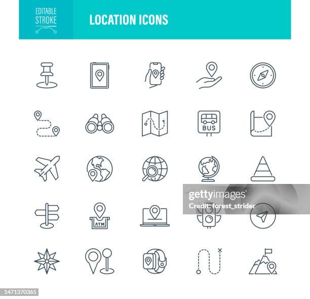 location icons editable stroke. the set contains icons as navigation, direction, map pin, famous place - trail marker stock illustrations