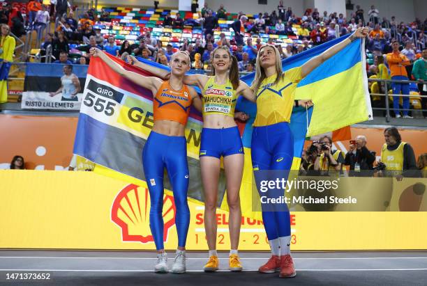 Silver Medallist Britt Weerman of the Netherlands Gold Medallist Yaroslava Mahuchikh of Ukraine and Bronze Medallist Kateryna Tabashnyk of Ukraine...