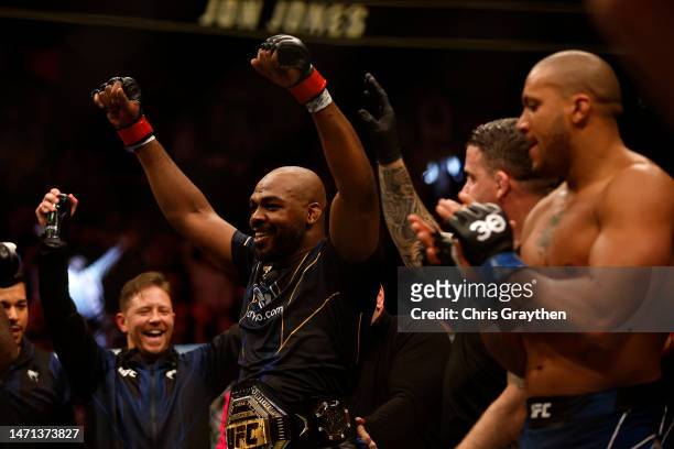 Jon Jones celebrates after winning during the UFC heavyweight championship fight against Ciryl Gane of France during the UFC 285 event at T-Mobile...
