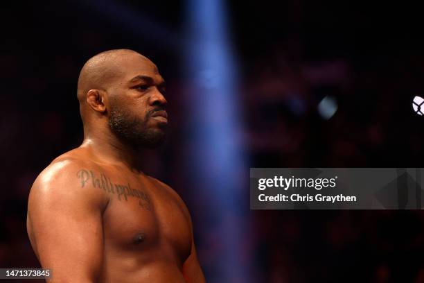 Jon Jones celebrates after winning during the UFC heavyweight championship fight against Ciryl Gane of France during the UFC 285 event at T-Mobile...