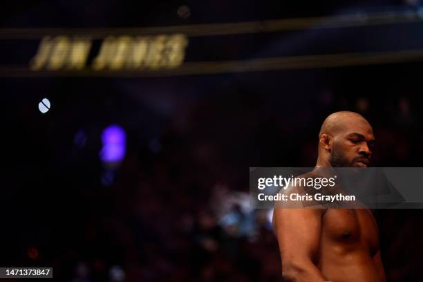 Jon Jones celebrates after winning during the UFC heavyweight championship fight against Ciryl Gane of France during the UFC 285 event at T-Mobile...