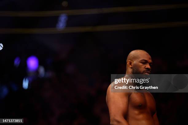 Jon Jones celebrates after winning during the UFC heavyweight championship fight against Ciryl Gane of France during the UFC 285 event at T-Mobile...