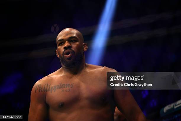 Jon Jones looks on during the UFC heavyweight championship fight against Ciryl Gane of France during the UFC 285 event at T-Mobile Arena on March 04,...
