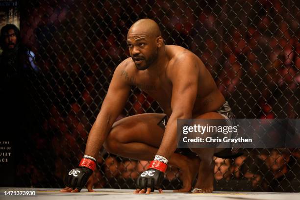 Jon Jones fights Ciryl Gane of France in the UFC heavyweight championship fight during the UFC 285 event at T-Mobile Arena on March 04, 2023 in Las...