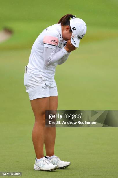 Jin Young Ko of South Korea celebrates after putting in on the eighteenth green to win the HSBC Women's World Championship during Day Four of the...