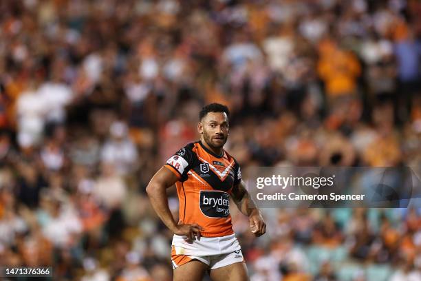 Apisai Koroisau of the Wests Tigers looks on during the round one NRL match between the Wests Tigers and the Gold Coast Titans at Leichhardt Oval on...