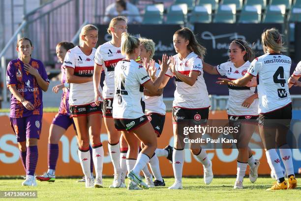 Amy Harrison of the Wanderers celebrates a goal from a penalty kick during the round 16 A-League Women's match between Perth Glory and Western Sydney...