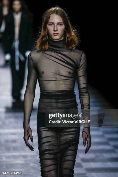 Model walks the runway during the Ann Demeulemeester Ready to Wear Fall/Winter 2023-2024 fashion show as part of the Paris Fashion Week on March 4,...