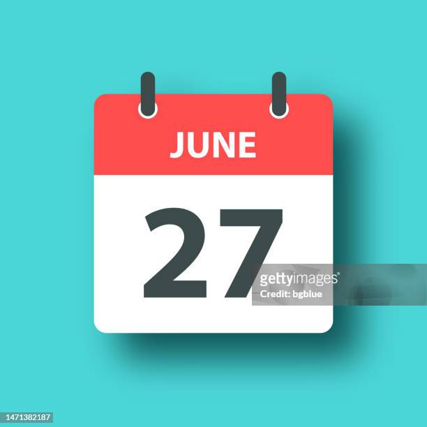 ilustraciones, imágenes clip art, dibujos animados e iconos de stock de 27 de junio - icono de calendario diario sobre fondo verde azul con sombra - junio