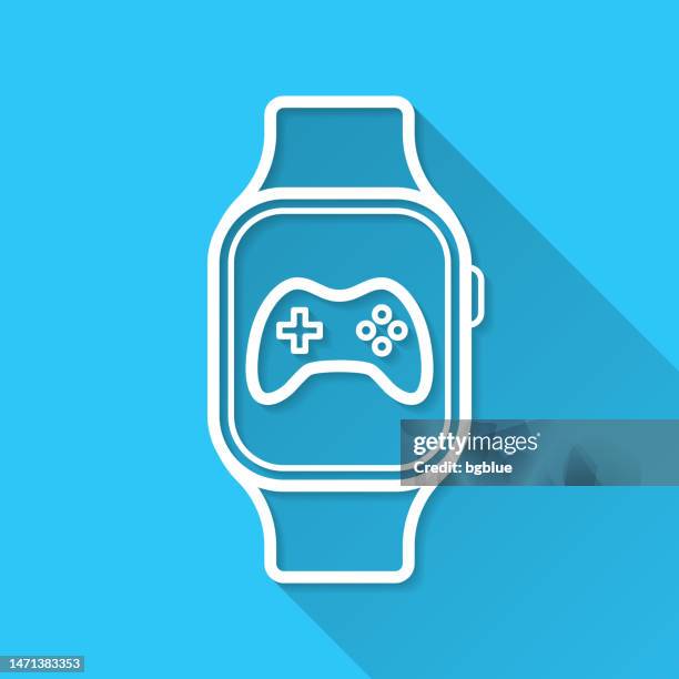 video game on smartwatch. icon on blue background - flat design with long shadow - gaming controller white stock illustrations