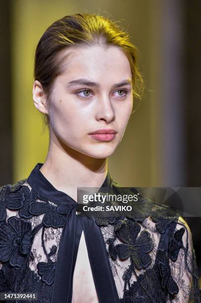 Model walks the runway during the Elie Saab Ready to Wear Fall/Winter 2023-2024 fashion show as part of the Paris Fashion Week on March 4, 2023 in...
