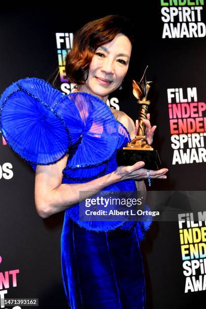 Michelle Yeoh accepts her award for Best Lead Performance in "Everything Everywhere All At Once" at the 2023 Film Independent Spirit Awards held on...