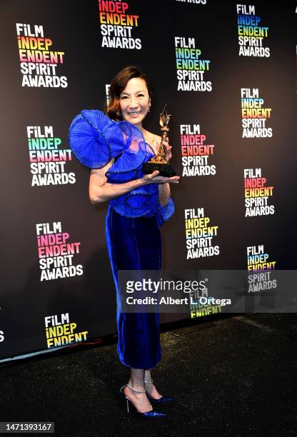 Michelle Yeoh accepts her award for Best Lead Performance in "Everything Everywhere All At Once" at the 2023 Film Independent Spirit Awards held on...