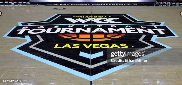 West Coast Conference basketball tournament logo is shown on the court after a quarterfinal game between the San Francisco Dons and the Santa Clara...