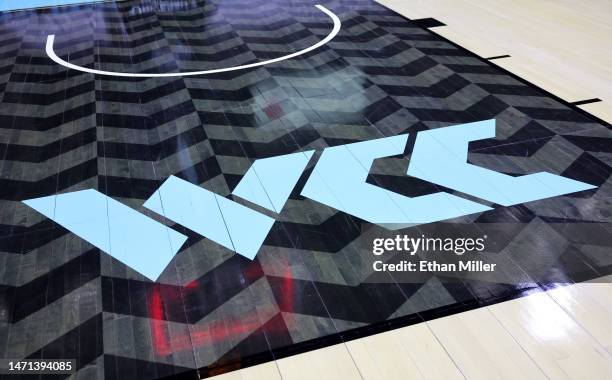 West Coast Conference logo is shown on the court a quarterfinal game of the West Coast Conference basketball tournament between the San Francisco...