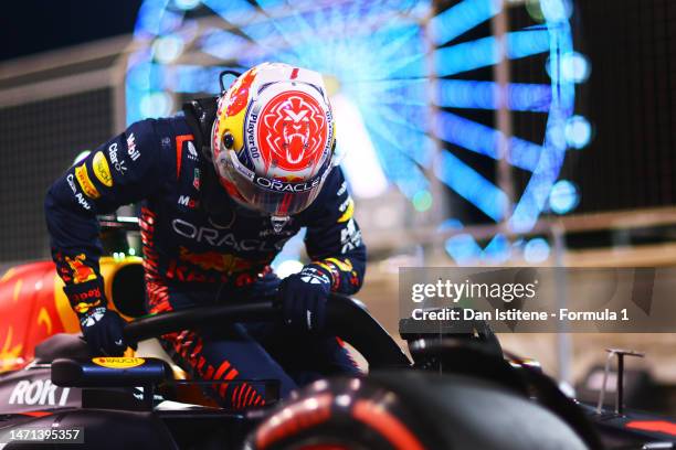 Pole position qualifier Max Verstappen of the Netherlands and Oracle Red Bull Racing climbs out of his car in parc ferme during qualifying ahead of...