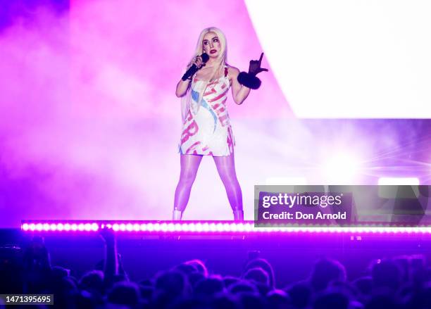 Ava Max performs during Rainbow Republic, the Sydney WorldPride closing concert on March 05, 2023 in Sydney, Australia.