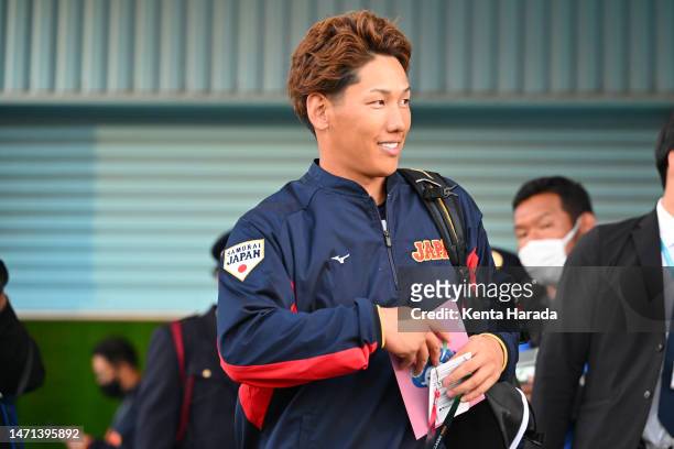 Masataka Yoshida of Samurai Japan looks on during the training session at Sugimoto Shoji Buffaloes Stadium Maishima on March 05, 2023 in Osaka, Japan.