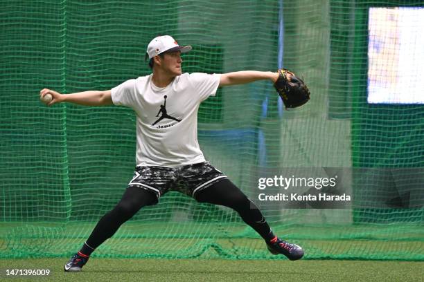 Yoshinobu Yamamoto of Samurai Japan of Samurai Japan in action during the training session at Sugimoto Shoji Buffaloes Stadium Maishima on March 05,...