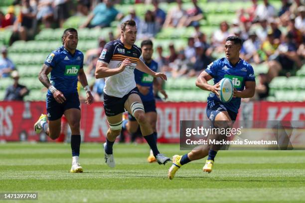 Roger Tuivasa-Sheck of the Blues runs with the ball 2023 Super Rugby Super Round between Brumbies and Blues at AAMI Park on March 05, 2023 in...