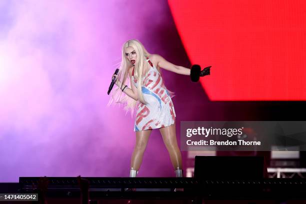 Ava Max performs during Rainbow Republic, the Sydney WorldPride closing concert on March 05, 2023 in Sydney, Australia.