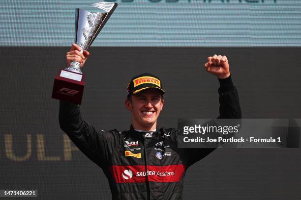 Race winner Theo Pourchaire of France and ART Grand Prix celebrates on the podium during the Round 1:Sakhir Feature race of the Formula 2...