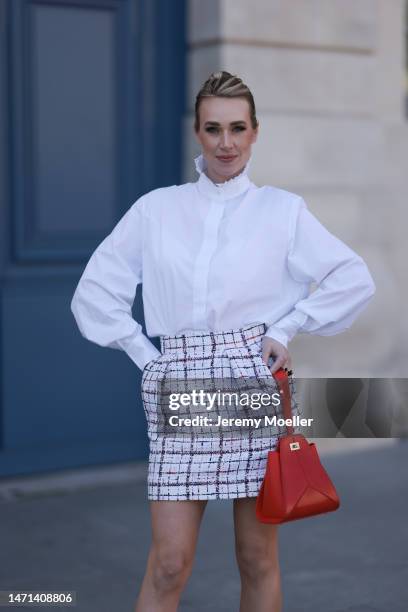 Marina von Lison seen wearing Alexandre Vauthier white blouse shirt, Alexandre Vauthier white / blue / red checked short skirt, Thalie Paris red...