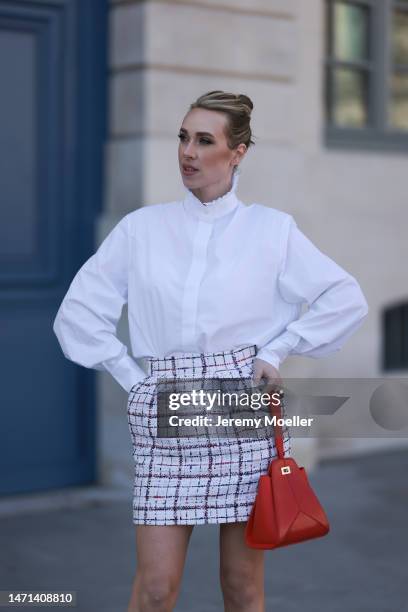 Marina von Lison seen wearing Alexandre Vauthier white blouse shirt, Alexandre Vauthier white / blue / red checked short skirt, Thalie Paris red...