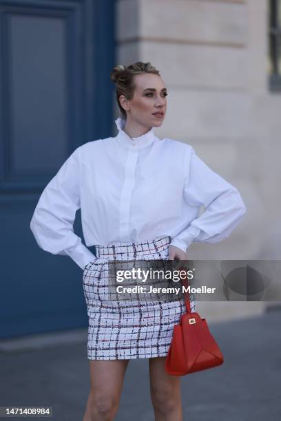 Marina von Lison seen wearing Alexandre Vauthier white blouse shirt, Alexandre Vauthier white / blue / red checked short skirt, Thalie Paris red...