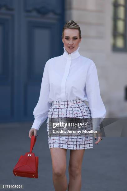 Marina von Lison seen wearing Alexandre Vauthier white blouse shirt, Alexandre Vauthier white / blue / red checked short skirt, Thalie Paris red...