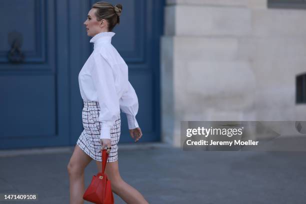 Marina von Lison seen wearing Alexandre Vauthier white blouse shirt, Alexandre Vauthier white / blue / red checked short skirt, Thalie Paris red...