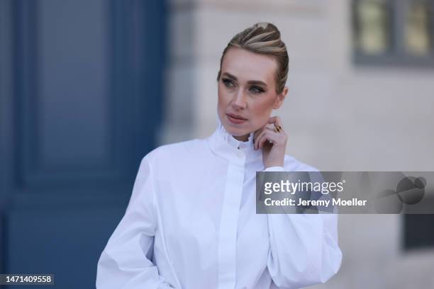 Marina von Lison seen wearing Alexandre Vauthier white blouse shirt, Van Cleef & Arpels gold / black onyx ring, during Paris Fashion Week -...