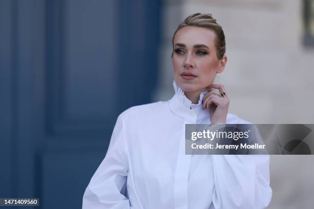 Marina von Lison seen wearing Alexandre Vauthier white blouse shirt, Van Cleef & Arpels gold / black onyx ring, during Paris Fashion Week -...