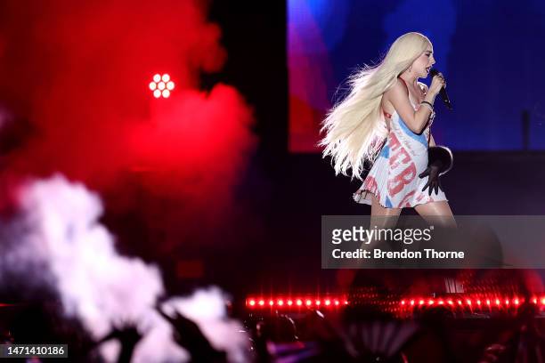Ava Max performs during Rainbow Republic, the Sydney WorldPride closing concert on March 05, 2023 in Sydney, Australia.