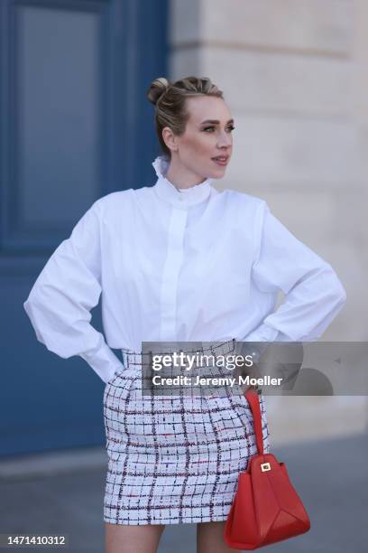 Marina von Lison seen wearing Alexandre Vauthier white blouse shirt, Alexandre Vauthier white / blue / red checked short skirt, Thalie Paris red...