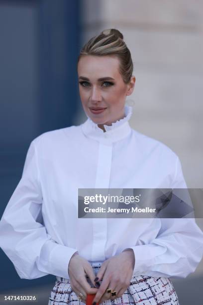 Marina von Lison seen wearing Alexandre Vauthier white blouse shirt, Alexandre Vauthier white / blue / red checked short skirt, Thalie Paris red...
