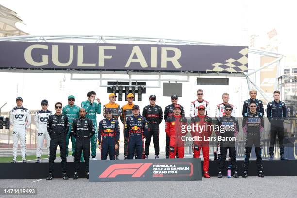 The drivers pose for a photo prior to the F1 Grand Prix of Bahrain at Bahrain International Circuit on March 05, 2023 in Bahrain, Bahrain.