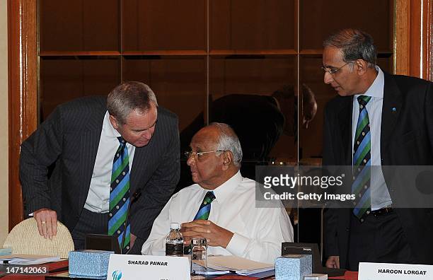 President, Sharad Pawar talks with ICC Vice President, Alan Isaac and ICC Chief Executive, Haroon Lorgat during the ICC Executive Board meeting...