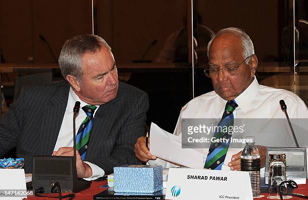 President, Sharad Pawar and ICC Vice President, Alan Isaac during the ICC Executive Board meeting convened during the ICC Annual Conference held at...