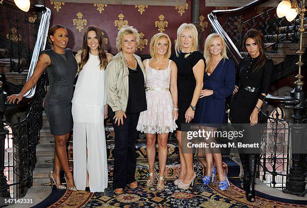 Melanie Brown aka Mel B, Melanie Chisholm aka Mel C, Jennifer Saunders, Geri Halliwell, Judy Craymer, Emma Bunton and Victoria Beckham pose at the...