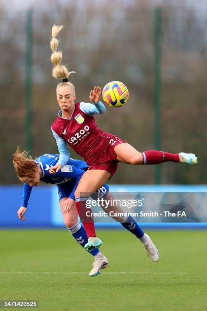 Alisha Lehmann of Aston Villa and Karen Holmgaard of Everton clash as they battle for the ball during the FA Women's Super League match between...