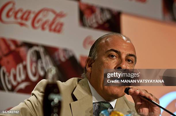 Muhtar Kent, Chairman and CEO of the Coca-Cola company, addresses journalists during a press conference in New Delhi on June 26, 2012. The Coca-Cola...